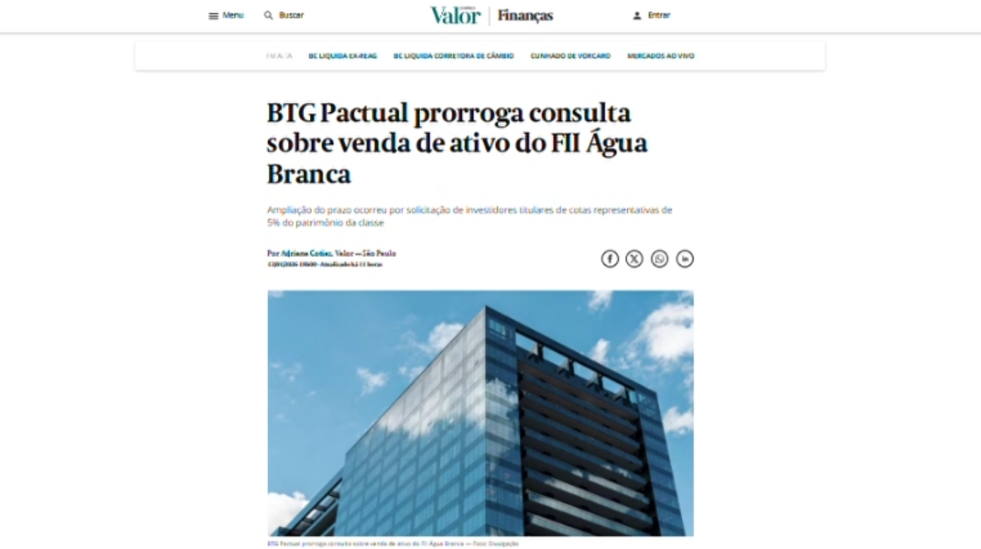 BTG Pactual amplia prazo para decisão sobre venda estratégica de ativo do FII Água Branca