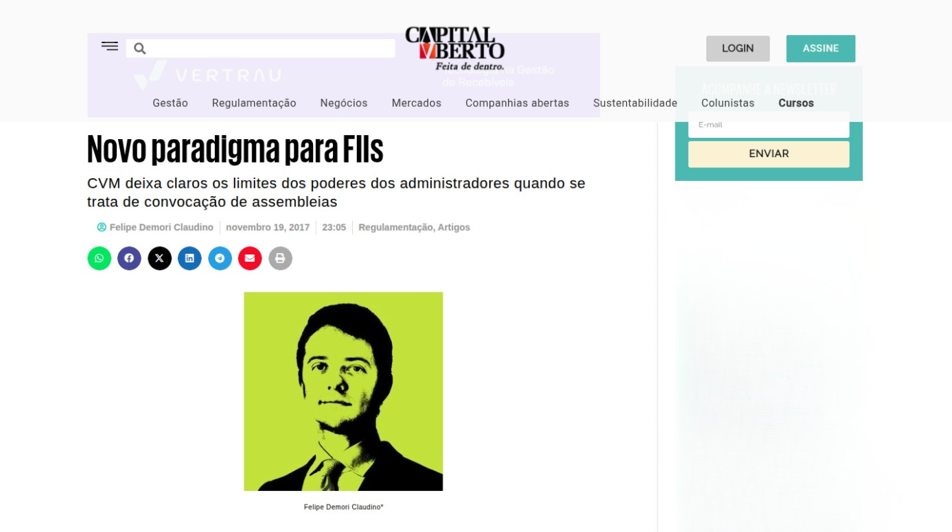 Felipe Demori Claudino aborda novo paradigma regulatório para FIIs em artigo na Capital Aberto