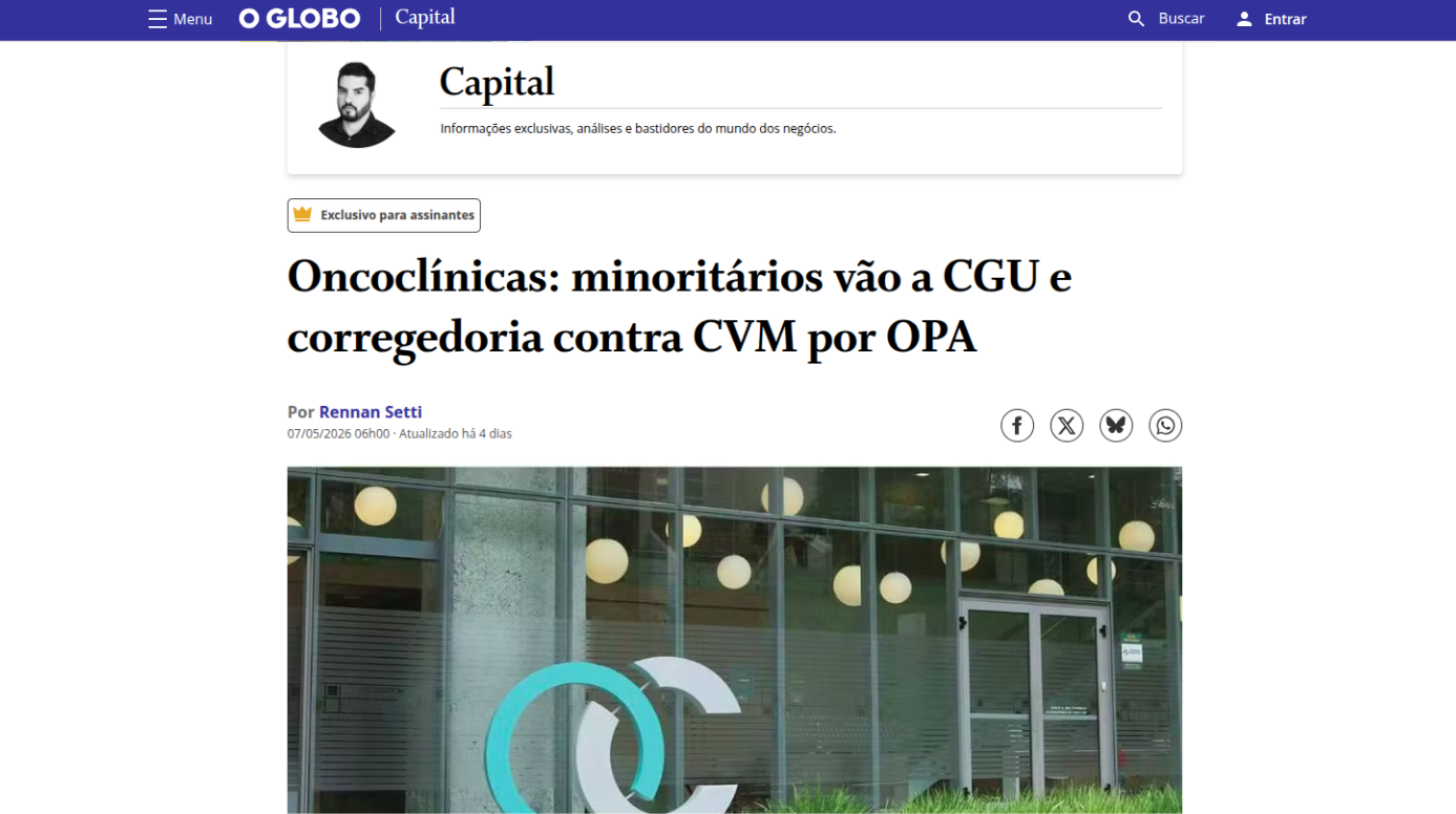 Rennan Setti destaca em O Globo novos desdobramentos da OPA da Oncoclínicas com atuação de Felipe Demori Claudino