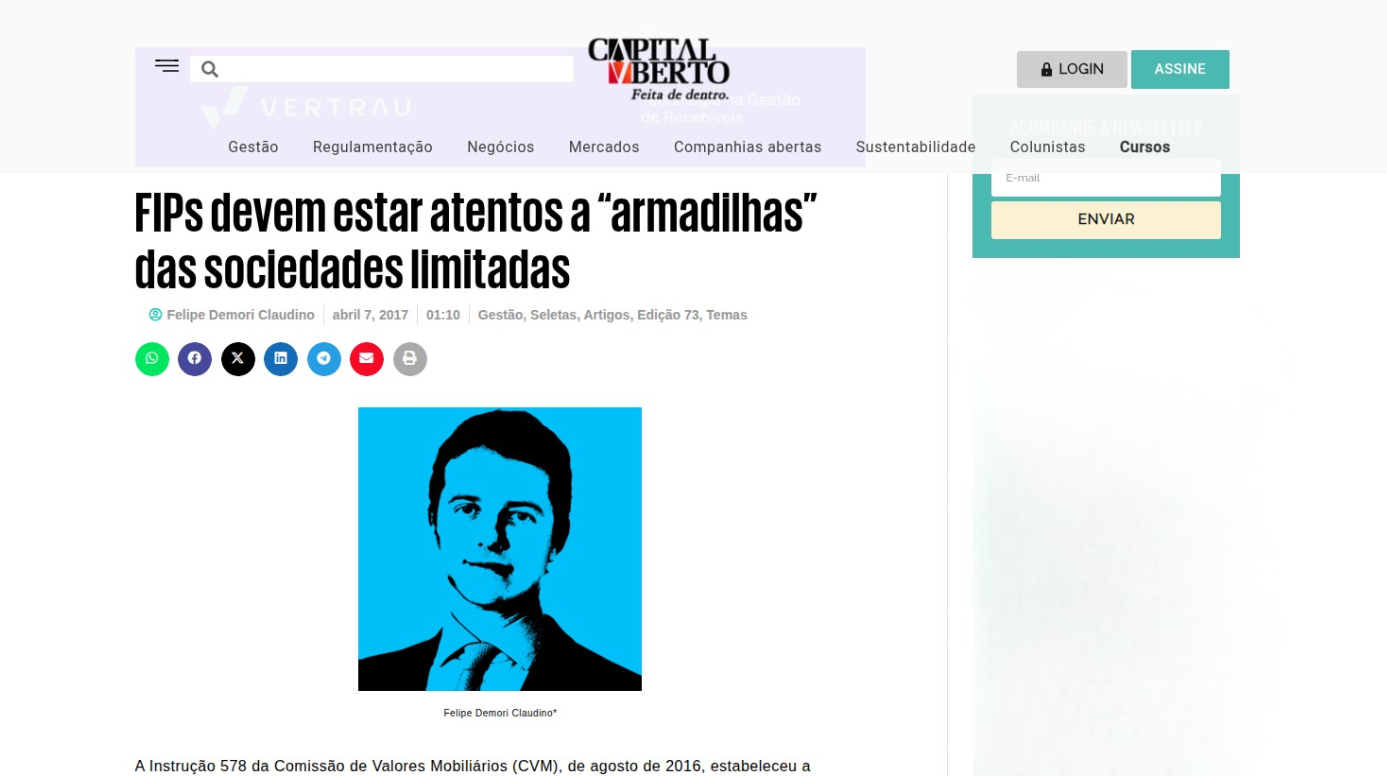 Felipe Demori Claudino analisa os desafios jurídicos dos FIPs em sociedades limitadas na Capital Aberto