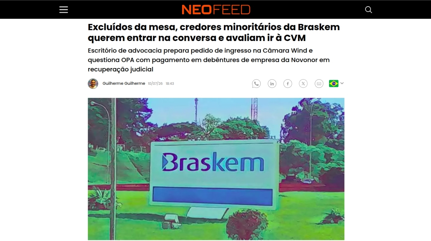 Felipe Demori Claudino atua em defesa de credores minoritários da Braskem em matéria do NeoFeed