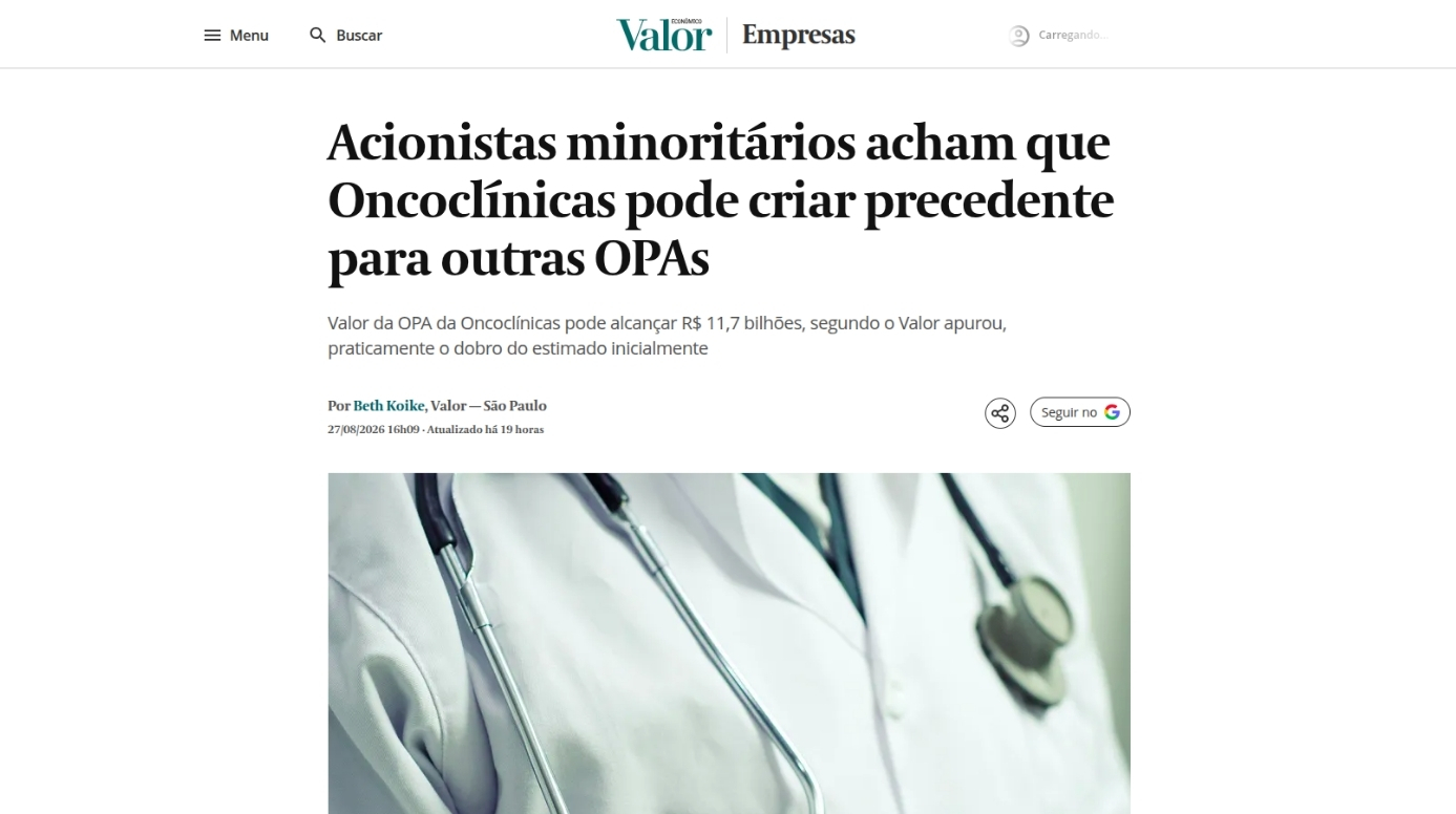 Valor destaca preocupação de acionistas minoritários da Oncoclínicas com possível precedente para outras OPAs